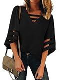 LookbookStore Womens Tops 2024 Blouses for Women Dressy Casual Summer Black Cute Tops for Women Going Out V Neck Mesh 3/4 Length Sleeve Women Tops Loose Shirt Size L Size 12 14