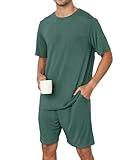 EISHOPEER Men's Lounge Wear Set with Round-Neck Top and Short Sleep Pajama Set - Comfortable Loungewear for Men Dark Green Medium