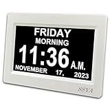 SSYA Digital Calendar Alarm Clock - Dementia Clocks for Seniors, Non-Abbreviated Memory Loss Clock with Date and Time for Elderly (White)