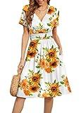 WEACZZY Summer Dress for Women Casual Short Sleeve Sundress Wrap V-Neck Party Dress with Pockets,Floral Sunflower White,3XL