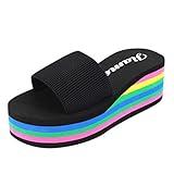JEUROT Wedges Heels for Women Open Toe Rainbow Comfortable High Platform Slip On Casual Beach Slides Y2k Walking Slippers Shoes (Black, 6.5-7)