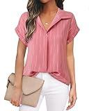 Timeson Womens Short Sleeve Tops: Dressy Casual - Summer Blouses for Women 2025 - Ladies Dress Shirts Business Attire Chiffon Office Work Outfits Polyester Professional Formal Clothes Stripe Pink S
