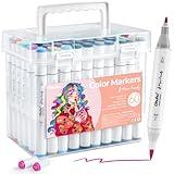 Ohuhu Markers Paper-friendly No Peeling Water-based 60 Colors Dual Brush Fine Tips Coloring Markers for Adult Coloring Books No Bleeding Drawing Pens for Kids Adults Beginner Calligraphy