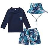 Toddler and Baby Boys' 3-Piece Swimsuit Trunk Rashguard Set Sun Hat Swimwear Bathing Suit Sunsuit Swim Shirt Set Navy Tropical 2-3T