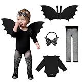 Halloween Toddler Bat Costume for Baby Girl Boy with Black Bat Wing Ruffle Long Sleeve Romper Bodysuit Goth Bow Headband