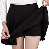 DJT Women's Basic Versatile Casual Stretchy Flared Pleated Mini Skater Skirt with Shorts Large Black