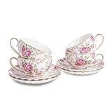 Agyiuns Tea Cup and Saucers, 6.4oz Floral Tea Cups with Gold Trim, Porcelain Bone China Teacup, Coffee Cappuccino Espresso Latte Mugs for Party Birthday,Party Cafe Home, Christmas Gift (White)