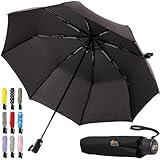 GORILLA GRIP Windproof Compact Stick Umbrella for Rain, Travel One-Click Automatic Open Close, Lightweight, Portable, US Designed Reinforced Fiberglass Ribs, Easily Collapsible Black