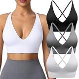 Evercute Women's Sports Bras Adjustable Deep V Neck Bras Wireless Spaghetti Strap Criss Cross Padded Seamless Low Support Sexy Everyday Bras