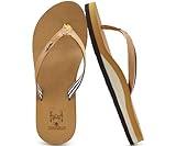 KuaiLu Womens Arch Support Flip Flops Comfortable Yoga Mat Slip on Leather Walking Thong Cushion Sandals Summer Beach Orthotic Slides Travel Essentials Indoor Outdoor Slippers Shoes Khaki Size 8.5