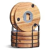 WLWNWFT Wood Coasters for Drinks with Bottle Opener Holder Set of 6, Acacia Wooden Cup Coaster for Coffee Table Dining Table Desk with Non-Slip Pad for Dad Home Office Christmas Decor 4 Inch