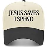 Jesus Saves I Spend Vintage Trucker Hat | Premium Snapback Baseball Hat for Men & Women (US, Alpha, One Size, Black/Natural)