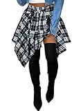 Women's Plaid Skorts Skirts - High Waisted Tie Front Pleated Summer Asymmetrical Skirt with Shorts Black White XL