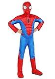 Marvel Spider-Man Official Youth Halloween Costume - Premium Quality Padded Jumpsuit with Pull On Fabric Mask (M) Red