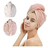 M-bestl 2 Pack Microfiber Hair Towel Wrap,Hair Drying Towel with Button, Towel Turban,Head Towel to Dry Hair Quickly (Pink&Beige)