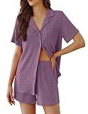 Ekouaer Pajamas 2 Piece Lounge Sets Ribbed Knit Sleepwear Button Down Loungewear Shorts pjs Summer Outfit,Dark Purple,S