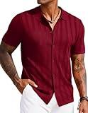 COOFANDY Mens Button Down Shirt Short Sleeve Textured Polo Shirts Casual Vintage Knit Polo 2025 Summer Fashion Hawaiian Shirt Wine Red