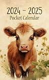 Pocket Calendar 2024-2025 For Purse: 2 Year Small Size 4 x 6.5 inches - Vintage Cow Design