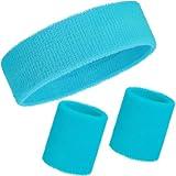 WILLBOND 3 Pcs Sweatbands Set 80s 90s Neon Sports Headband Tennis Striped Sweat Band Sports Competitions Games for Men Women Party Supplies(Neon Blue,Solid Style)