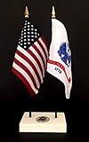 Made in the USA. 1 American and 1 United States Army Nylon 4x6 Inch Office Desk & Little Table Flag Executive Set, Includes a 2-hole White ArcticSno Flag Base with a USA Great Seal and two flags