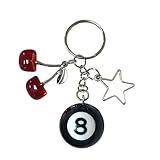 Spansee 8 Ball Keychain With Star - Red Cherry, Pool Ball, Creative Key Chain, Number Eight Black Billiard Keyring (0.98in)