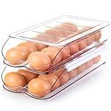 RoskDeewat Egg Holder for Fridge, Automatic Rolling Egg Container for Refrigerator, Stackable Fridge Organizers and Storage with Lid, Clear Plastic Egg Dispenser & Tray (2 Tier)