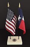 1 American and 1 Texas Executive Flag Set American Made Rayon 4x6 inch Desk Set Includes a 2-Hole White ArcticSno Base with a USA Great Seal and Two Flags