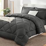 CozyLux Queen Comforter Set Dark Grey - Bed in a Bag Queen Size 7 Pieces, Luxury Soft Bed Set for All Seasons, Bedding Set with Down Alternative Comforter, Sheets, Pillowcases & Shams