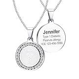MIA·MIA Medical Alert Necklace For Women Elegant Stainless Steel & Crystals Medic Emergency ID Awareness Jewelry With Engraved Info for diabetes, allergy, epilepsy & other conditions (Silver)