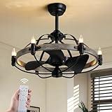 MOOONICHE 27'' Farmhouse Cage Ceiling Fan with Light Remote Control, Ash Brown Rustic Ceiling Fan with Lights,Vintage Chandelier Fan for Kitchen Dining Room Living Room