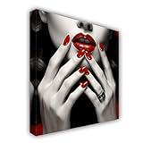 ZHOUWALLPIC Red Lips Canvas Wall Art Sexy Women Lips Paintings Nails Mouth Picture Prints Girl Room Decor Framed Ready to Hang(Lips-1,20.00" x 20.00")