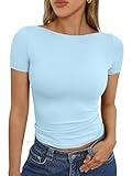 Trendy Queen Womens Boat Neck Tops Short Sleeve T-Shirts Slim Fitted Compression Summer Y2k Basic Clothes 2025 Babyblue XS