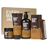Every Man Jack Mens Sandalwood Beard Set - 5 Full-Sized Grooming Essentials For a Complete Routine - Beard + Face Wash, Beard + Face Lotion, Hydrating Beard Oil, Beard Butter, and Beard Comb