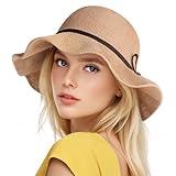 Sun Beach Hats Summer for Women, UPF 50+ UV Sun Protection Wide Brim Woven Crochet Hat Foldable Packable Roll up Knitted Cap, Khaki