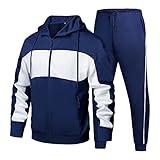 DUOFIER Mens Slim Fit Tracksuit Full Zip Long Sleeve Sweatshirt and Elastic Waist Pants 2 Pcs Suit, Navy-M