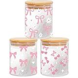 JarThenaAMCS 3 Pcs Pink Bow Glass Storage Jars with Airtight Lid Cute Bow Cherry Floral Decorative Canisters Sets for Valentine's Day Home Kitchen Countertop