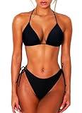 OZICERD 2 Piece Bikini Sets for Women Halter Triangle Bikini Tops Brazilian String Swimsuit Full Coverage Bottom Bathing Suit Black S