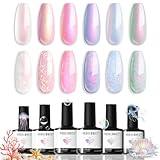 modelones Pearl Gel Nail Polish Set, 6 Colors Aurora Iridescent Shimmer White Pink Purple Mermaid Nail Drawing Glitter Gel Polish Soak Off Led Swirl Shell Thread Effect W Dotting Pen Summer DIY Gift
