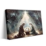 Beautiful Christmas Canvas Wall Art, Holy Family and Star Canvas Print Poster, Spiritual Nativity Christmas Oil Painting, Timeless Religious Artwork, Radiant Pictures Decoration, Framed 16x20inch