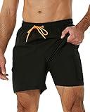 SILKWORLD Mens Swimming Trunks with Compression Liner 2 in 1 Quick-Dry Swim Shorts with Zipper Pockets Black