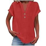 Prime++Deal++Days Amazon Fashion Womens Clothing 2025 Linen Shirt for Women 2025 Summer Button Down Short Sleeve V Neck Tops Solid Color Comfy Blouses Casual Dressy Tunic Tshirt Red