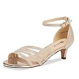 IDIFU Women's Low Kitten Strappy Sandals Heels Open Toe Ankle Strap Bridal Dress Wedding Shoes For Women(Gold Glitter, 7.5 M US)