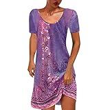 Day Prime Travel Deals Summer Dresses for Women Boho Floral Print T-Shirts Dress Short Sleeve Sundresses Vintage Loose Tank Dresses Beach Dresses for Women Purple L