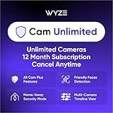 Wyze Security Plan - Cam Unlimited | Unlimited Cameras | 12 months Subscription. Full AI features | Facial Recognition for Friendly Faces | Smart Detection for Person, Pet, Package, Vehicle and Glass Break | Security Surveillance and Monitoring | Rolling 14 Days Event Video Recording | Activation Required | Cancel Anytime