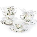 Foraineam Tea Cup and Saucer Set, Porcelain Ivory Floral Coffee Cups with Saucers and Spoons, 6 oz Tea Cup Set with Gold Trim, Latte Cups and Espresso Mug for Coffee Drinks, Latte and Tea, Set of 6