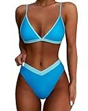 SUUKSESS Women Triangle High Cut Bikini Sets Sexy High Waisted Color Block Two Piece Swimsuits Push Up Bathing Suits(Blue,L)