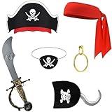 FUEAWIM 6 Pcs Pirate Accessories Include Pirate Headband Hat Eye Patch Hook Pirate Costume Accessories Halloween Priate Party Supplies