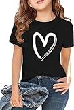Girls Heart Graphic Print Short Sleeve T Shirts Kids Summer Casual Basic Tee Shirts Loose Fit Tops(Black,Xin,130)