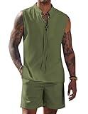 COOFANDY 2 Piece Set for Men Linen Outfits Hippie Tank Top Sleeveless Henley Shirt Matching Shorts Sets Army Green XXL