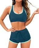 Tempt Me Women Teal Green Two Piece Sports Bikini Athletic Swimsuits Racerback Crop Top with Boy Shorts Bathing Suits for Girls Vests M